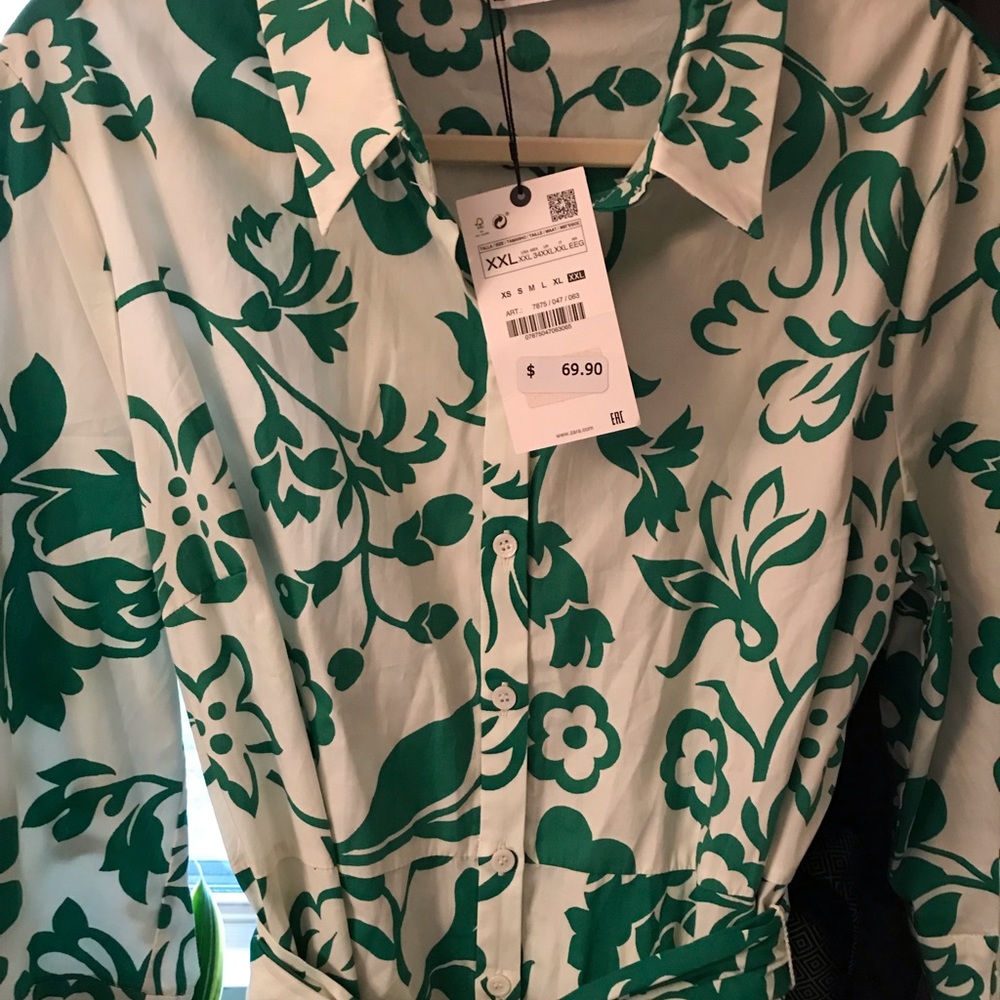 Zara Printed Poplin Shirt Dress XXL Green White Tie Button Flower NWT Cotton